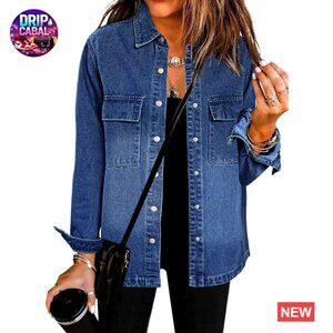 Oversized Denim Jacket Western Shacket Button Down Lightweight Cotton Classic